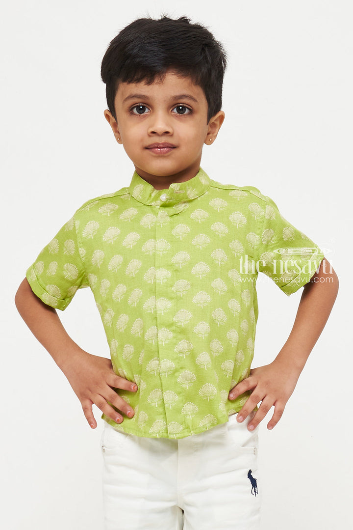 The Nesavu Boys Cotton Shirt Boys Green Cotton Shirt with Elegant Tree Print – Traditional and Casual Wear Nesavu Boys Green Cotton Shirt with Elegant Tree Print | Traditional and Casual Wear | The Nesavu