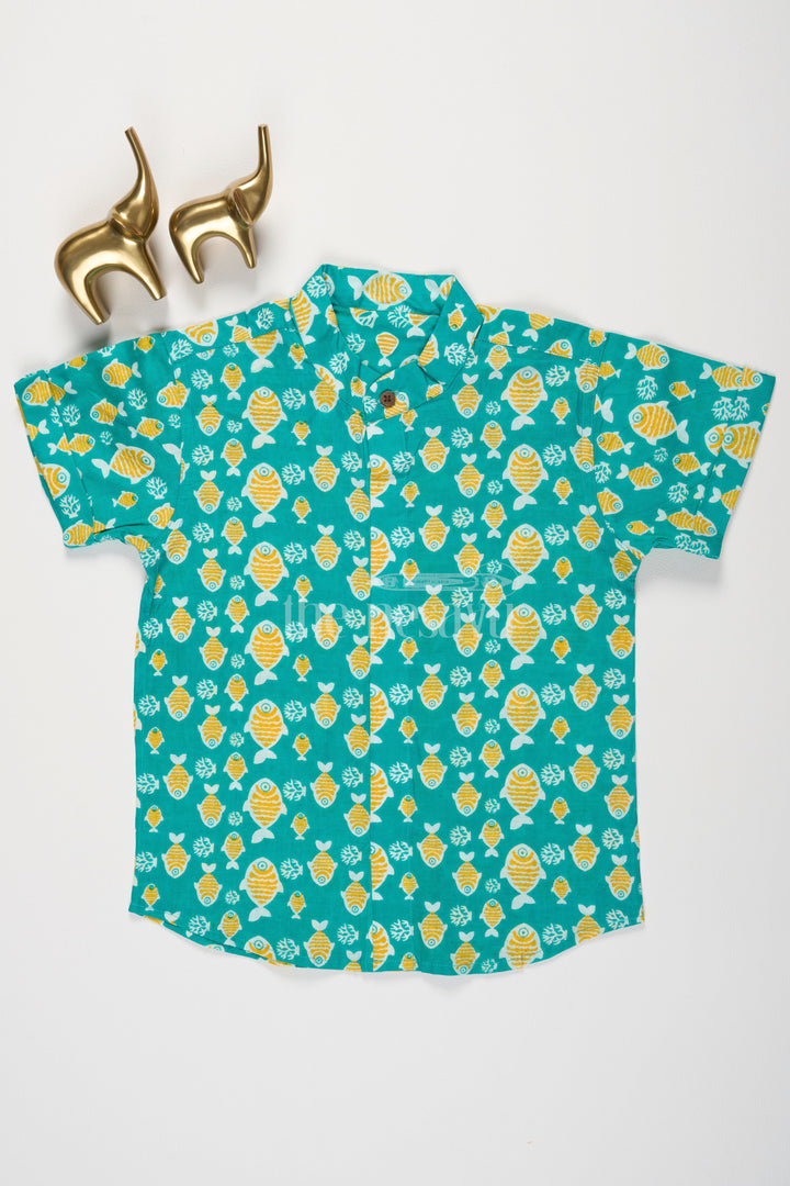 The Nesavu Boys Cotton Shirt Boys Green Cotton Shirt with Fun Yellow Fish Print for Everyday Wear Nesavu 16 (1Y) / Green BS166B-16 Nesavu Boys Green Cotton Shirt Playful Yellow Fish Print Casual Summer Wear