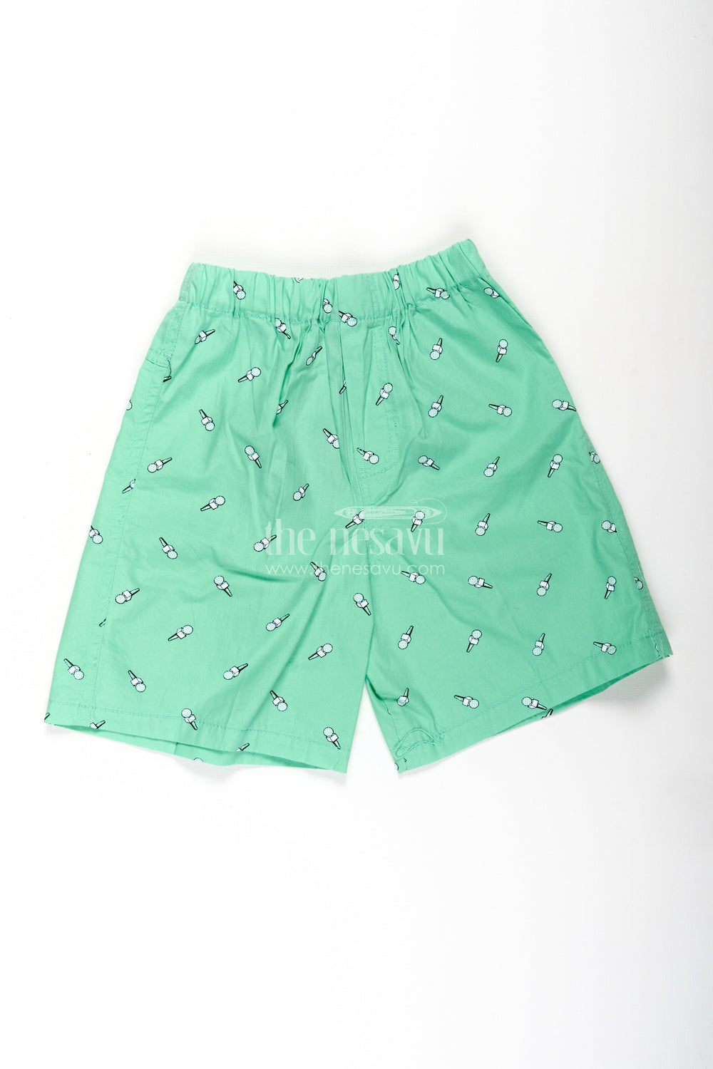 The Nesavu Boys Shorts Boys Green Cotton Trouser Shorts with Microphone Motif Digital Print and Flexible Waist Fit Nesavu 18 (2Y) / Green BWS038A-18 Nesavu Boys Green Cotton Trouser Shorts Microphone Print Soft Comfortable Fit