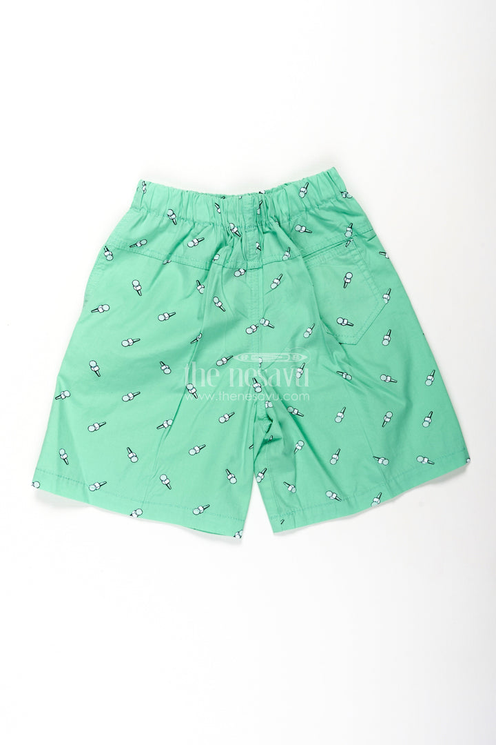 The Nesavu Boys Shorts Boys Green Cotton Trouser Shorts with Microphone Motif Digital Print and Flexible Waist Fit Nesavu Nesavu Boys Green Cotton Trouser Shorts Microphone Print Soft Comfortable Fit