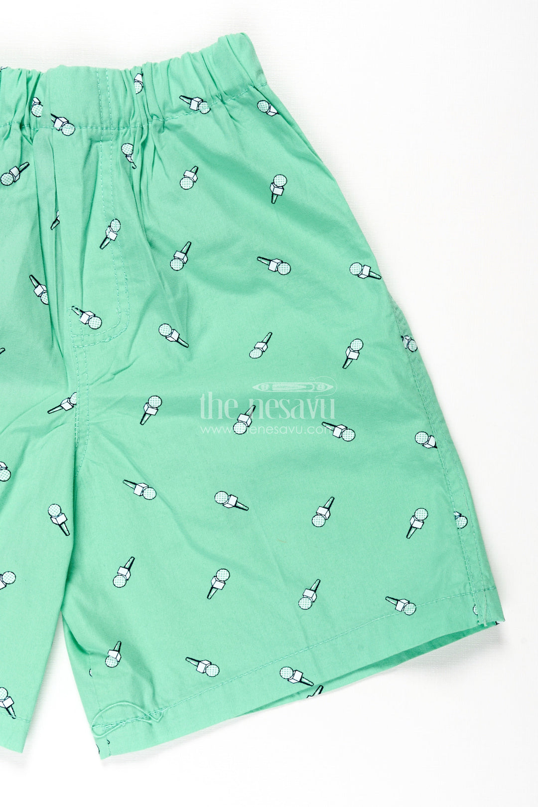 The Nesavu Boys Shorts Boys Green Cotton Trouser Shorts with Microphone Motif Digital Print and Flexible Waist Fit Nesavu Nesavu Boys Green Cotton Trouser Shorts Microphone Print Soft Comfortable Fit
