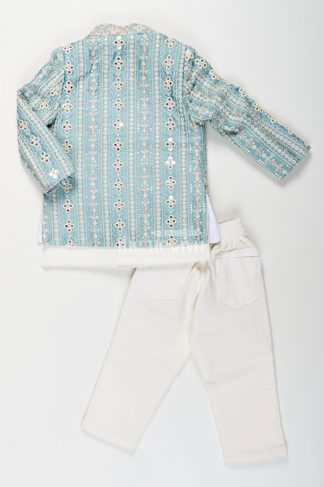 The Nesavu Boys Jacket Sets Boys green embroidered jacket set with white kurta pajama Nesavu Nesavu boys light green jacket kurta set with thread embroidery