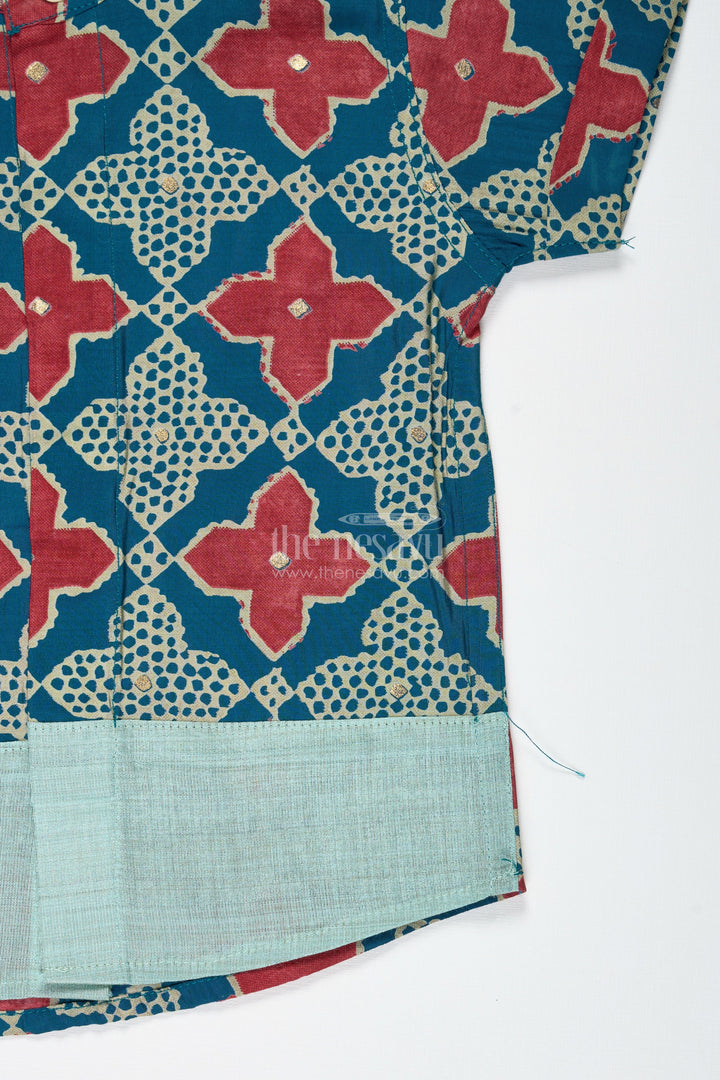 The Nesavu Boys Cotton Shirt Boys Green Ethnic Print Shirt in Modal Silk for Traditional Outings Nesavu Nesavu Boys Green Printed Shirt Viscose Modal Silk Festive Traditional Wear Boys