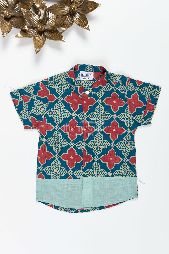The Nesavu Boys Cotton Shirt Boys Green Ethnic Print Shirt in Modal Silk for Traditional Outings Nesavu Nesavu Boys Green Printed Shirt Viscose Modal Silk Festive Traditional Wear Boys