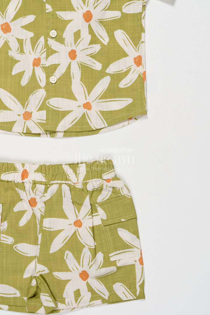 The Nesavu Boys Casual Set Boys Green Floral Cotton Set for Playful Summer Days Nesavu Nesavu boys floral cotton shirt and shorts set in green – ideal for summer play
