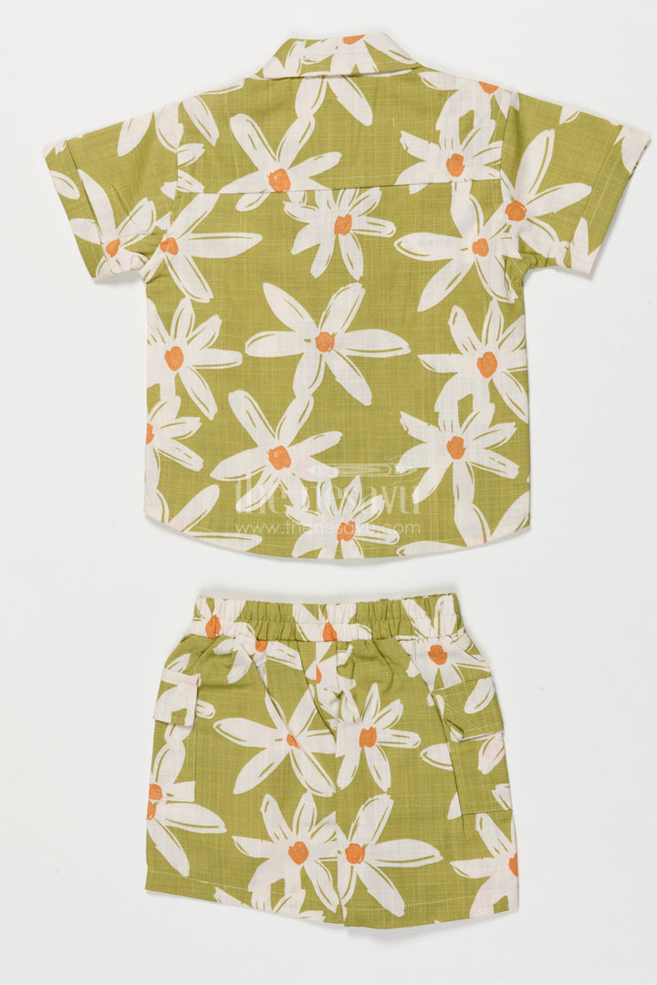 The Nesavu Boys Casual Set Boys Green Floral Cotton Set for Playful Summer Days Nesavu Nesavu boys floral cotton shirt and shorts set in green – ideal for summer play