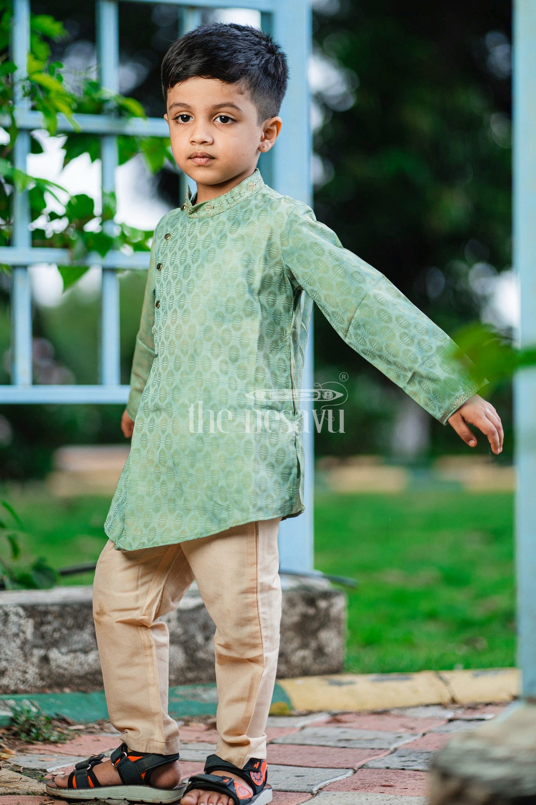 The Nesavu Boys Kurtha Set Boys Green Kurta Set with Mandarin Collar and Beige Pajamas for Festive Occasions Nesavu 14 (6M) / Green BES547B-14 Nesavu Boys Green Kurta Set Embroidered Collar Beige Pajama Weddings Festive Events