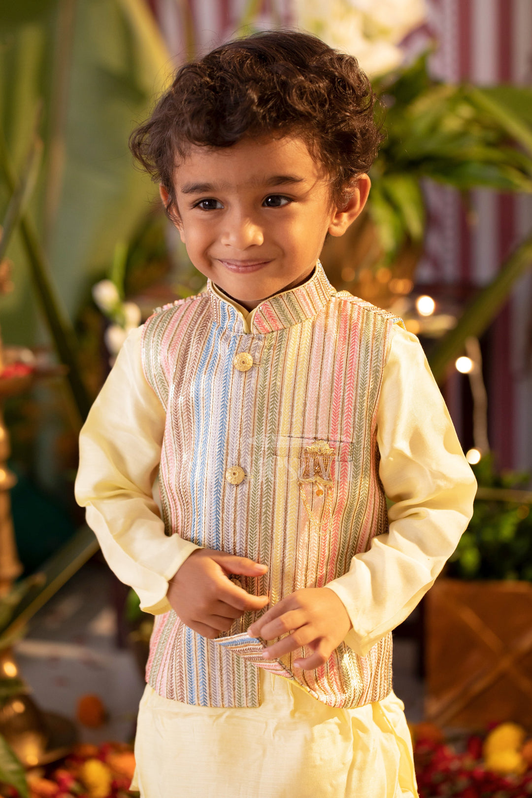 The Nesavu Boys Kurtha Set Boys Green Kurta with Fancy Pant-Style Dhoti Set for Festivals and Traditional Gatherings Nesavu 10 (NB) / Yellow BES379B-10 Nesavu Boys Green Kurta Set Pant-Style Dhoti Striped Nehru Jacket Festive Occasions