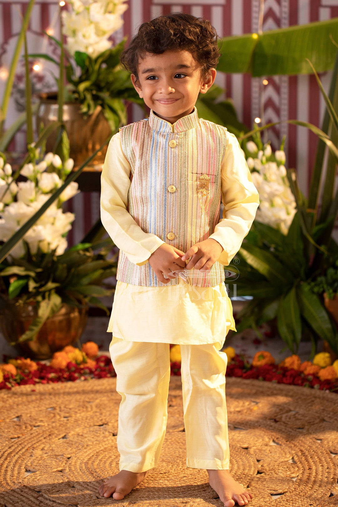 The Nesavu Boys Kurtha Set Boys Green Kurta with Fancy Pant-Style Dhoti Set for Festivals and Traditional Gatherings Nesavu Nesavu Boys Green Kurta Set Pant-Style Dhoti Striped Nehru Jacket Festive Occasions