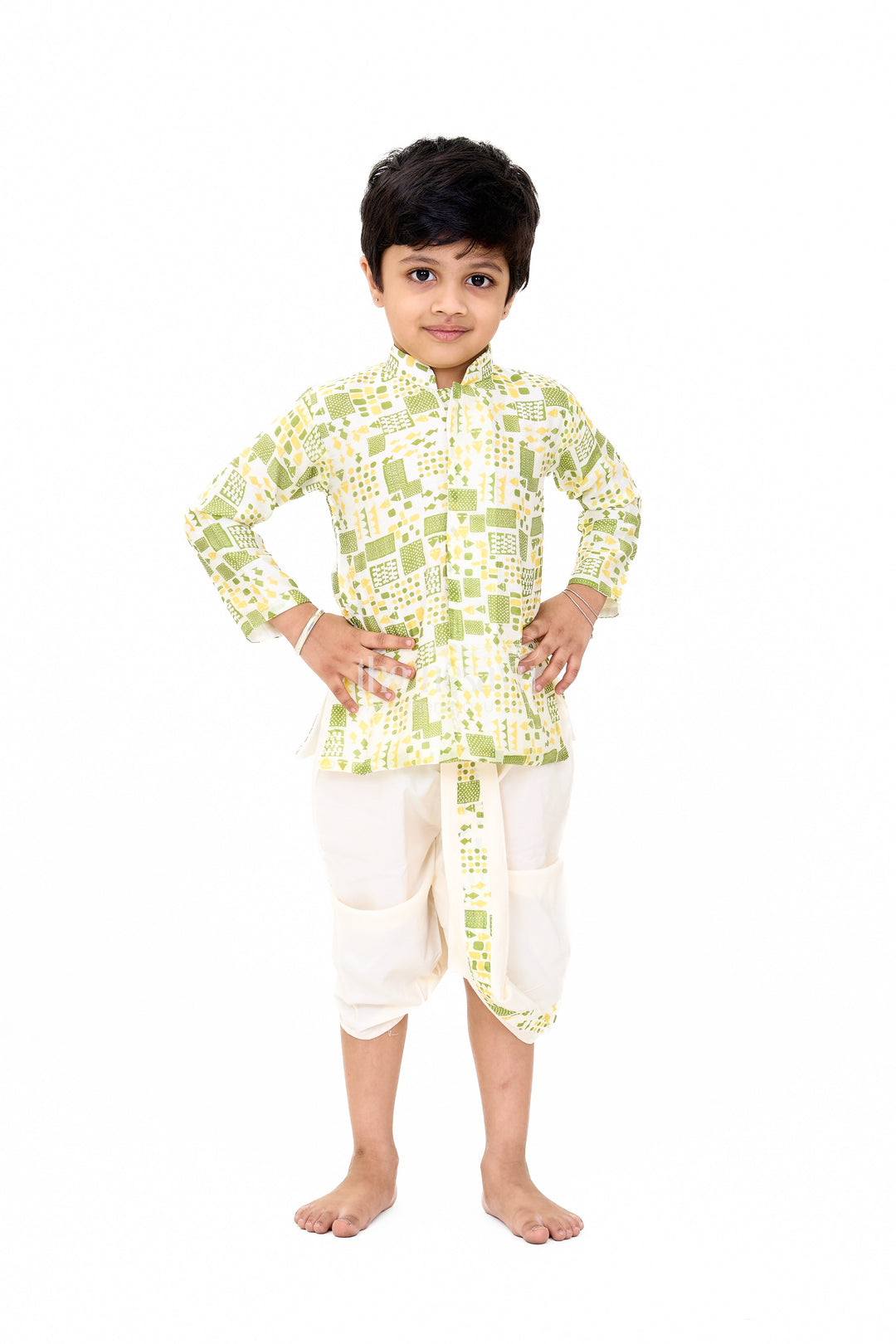 The Nesavu Boys Dothi Set Boys Green Printed Dhoti and Shirt Set with Classic Mandarin Collar Nesavu 12 (3M) / Green BES622A-12 Boys Green Printed Dhoti Shirt Set Traditional Festive Wear | The Nesavu