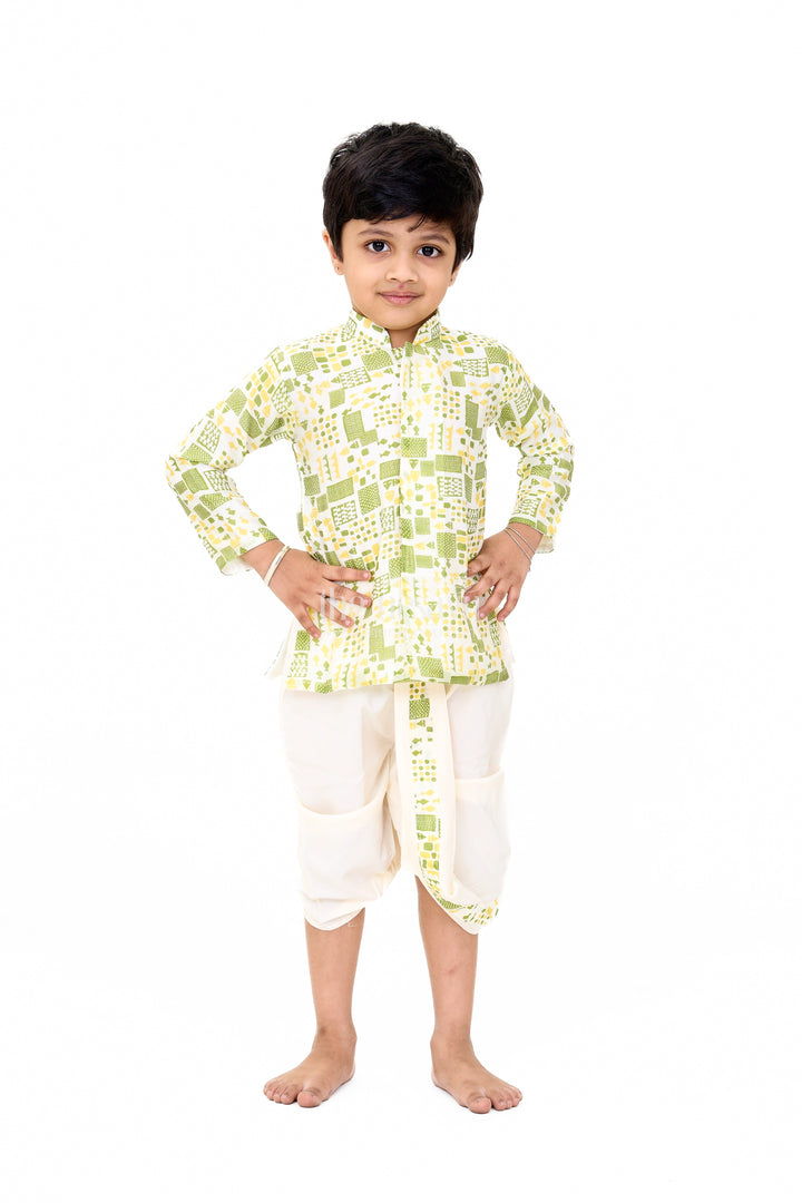The Nesavu Boys Dothi Set Boys Green Printed Dhoti and Shirt Set with Classic Mandarin Collar Nesavu 12 (3M) / Green BES622A-12 Boys Green Printed Dhoti Shirt Set Traditional Festive Wear | The Nesavu