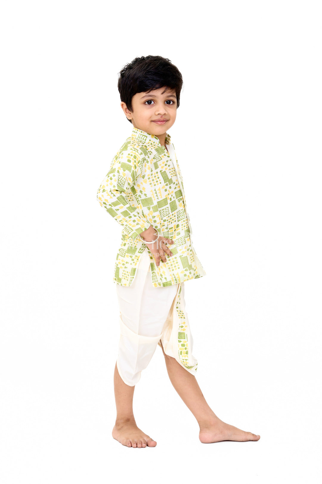 The Nesavu Boys Dothi Set Boys Green Printed Dhoti and Shirt Set with Classic Mandarin Collar Nesavu Boys Green Printed Dhoti Shirt Set Traditional Festive Wear | The Nesavu