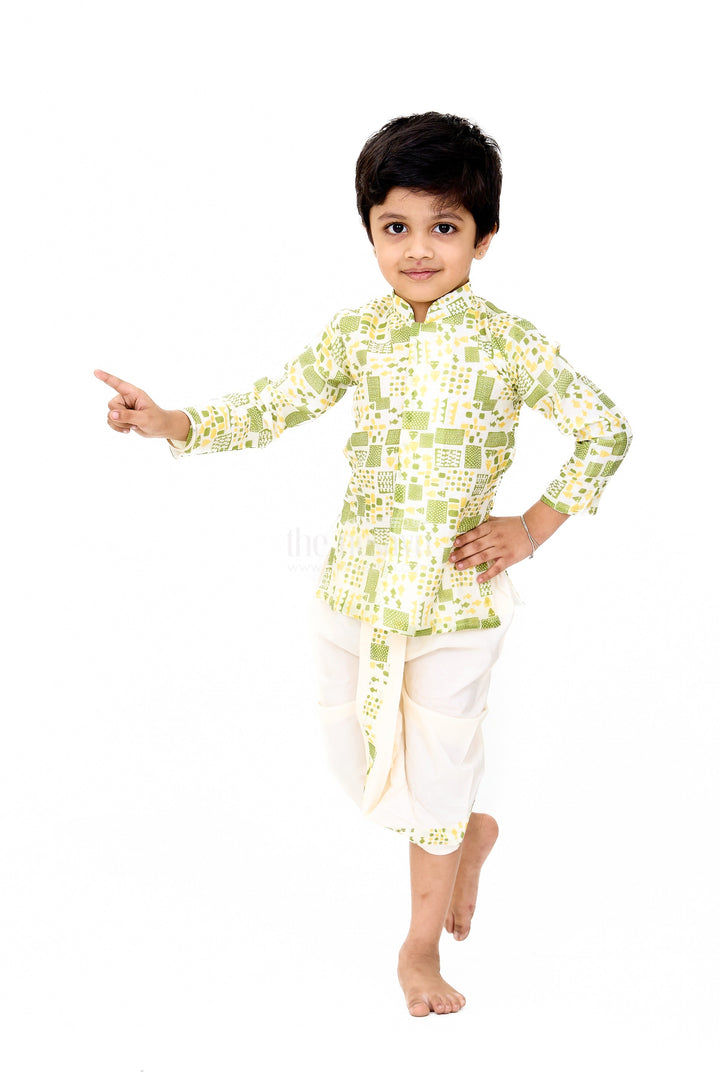 The Nesavu Boys Dothi Set Boys Green Printed Dhoti and Shirt Set with Classic Mandarin Collar Nesavu Boys Green Printed Dhoti Shirt Set Traditional Festive Wear | The Nesavu