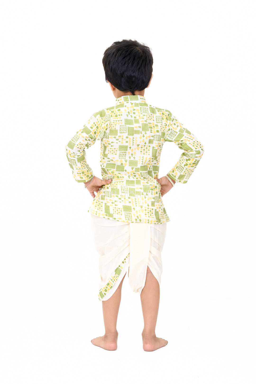 The Nesavu Boys Dothi Set Boys Green Printed Dhoti and Shirt Set with Classic Mandarin Collar Nesavu Nesavu Boys Green Printed Dhoti Shirt Set Traditional Festive Wear