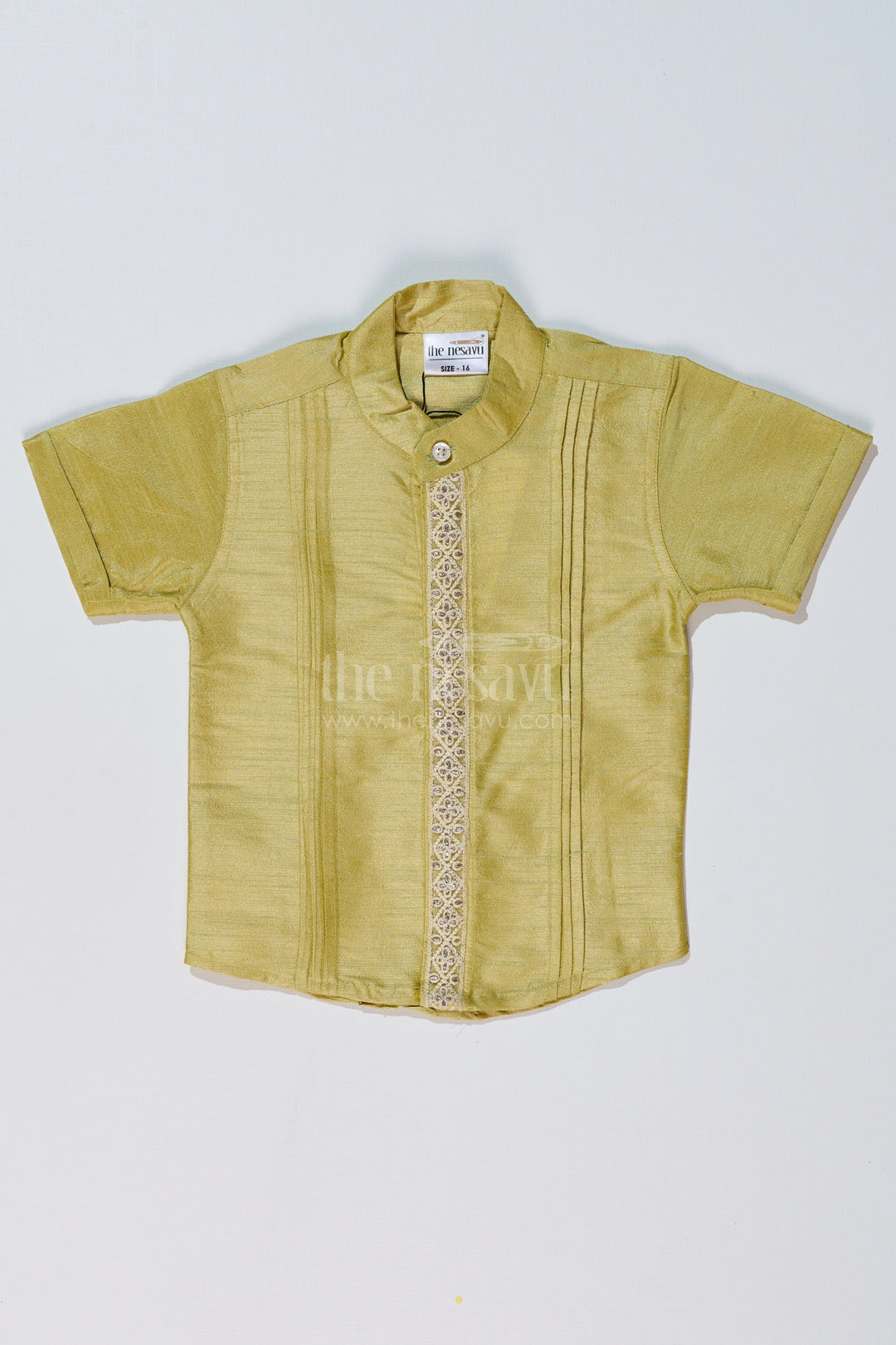 The Nesavu Boys Silk Shirt Boys Green Silk Shirt with Half Sleeves and Embroidered Detailing for Ethnic and Festive Wear Nesavu 16 (1Y) / Green BS234A-16 Boys Green Silk Shirt Half Sleeves Embroidered Front Panel Festive Wear | The Nesavu