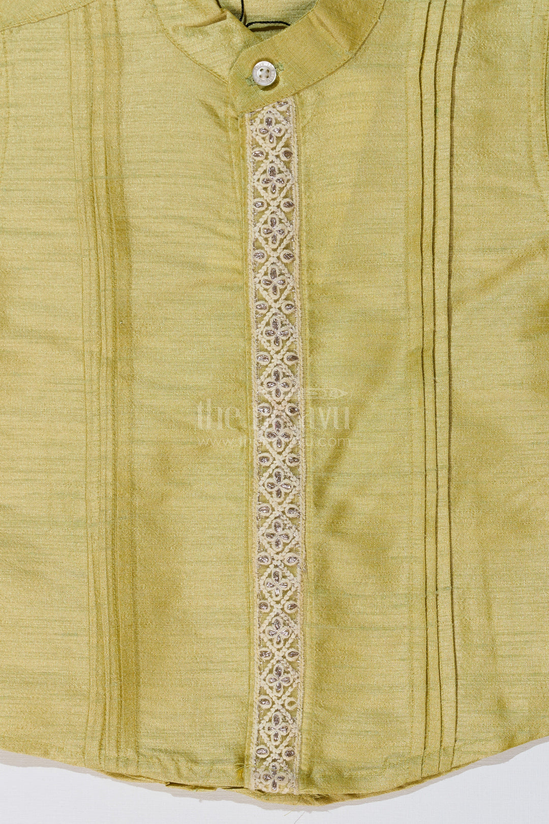 The Nesavu Boys Silk Shirt Boys Green Silk Shirt with Half Sleeves and Embroidered Detailing for Ethnic and Festive Wear Nesavu Boys Green Silk Shirt Half Sleeves Embroidered Front Panel Festive Wear | The Nesavu