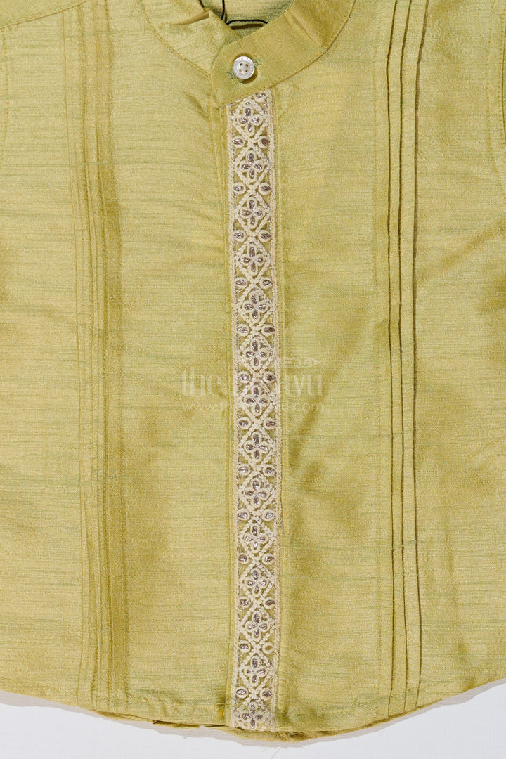 The Nesavu Boys Silk Shirt Boys Green Silk Shirt with Half Sleeves and Embroidered Detailing for Ethnic and Festive Wear Nesavu Boys Green Silk Shirt Half Sleeves Embroidered Front Panel Festive Wear | The Nesavu