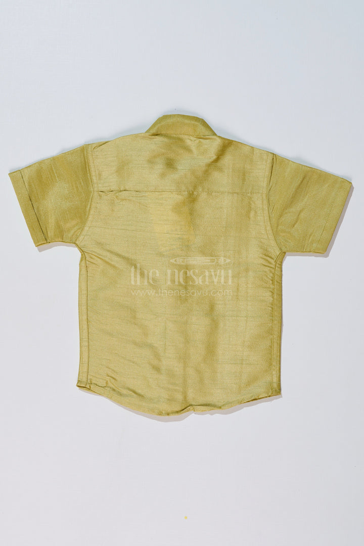 The Nesavu Boys Silk Shirt Boys Green Silk Shirt with Half Sleeves and Embroidered Detailing for Ethnic and Festive Wear Nesavu Nesavu Boys Green Silk Shirt Half Sleeves Embroidered Front Panel Festive Wear
