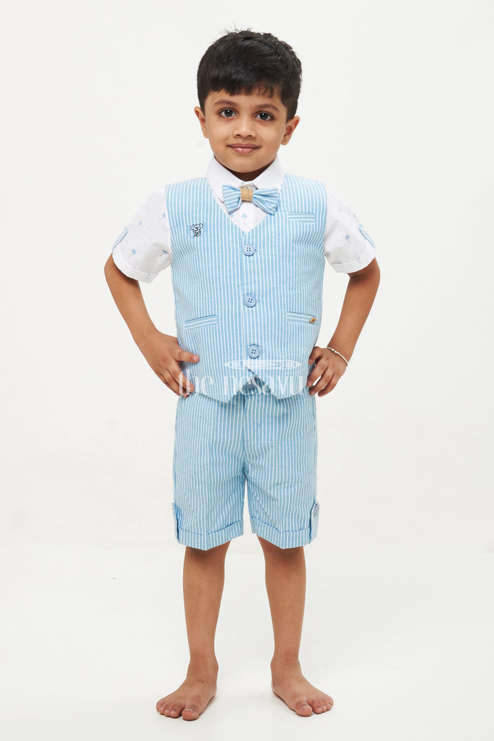 The Nesavu Boys Casual Set Boys' Grey Pinstriped Waistcoat Shorts Set Nesavu 14 (6M) / Gray BCS076A-14 Boys' Grey Pinstriped Waistcoat Shorts Set - Palm Tree Print Shirt