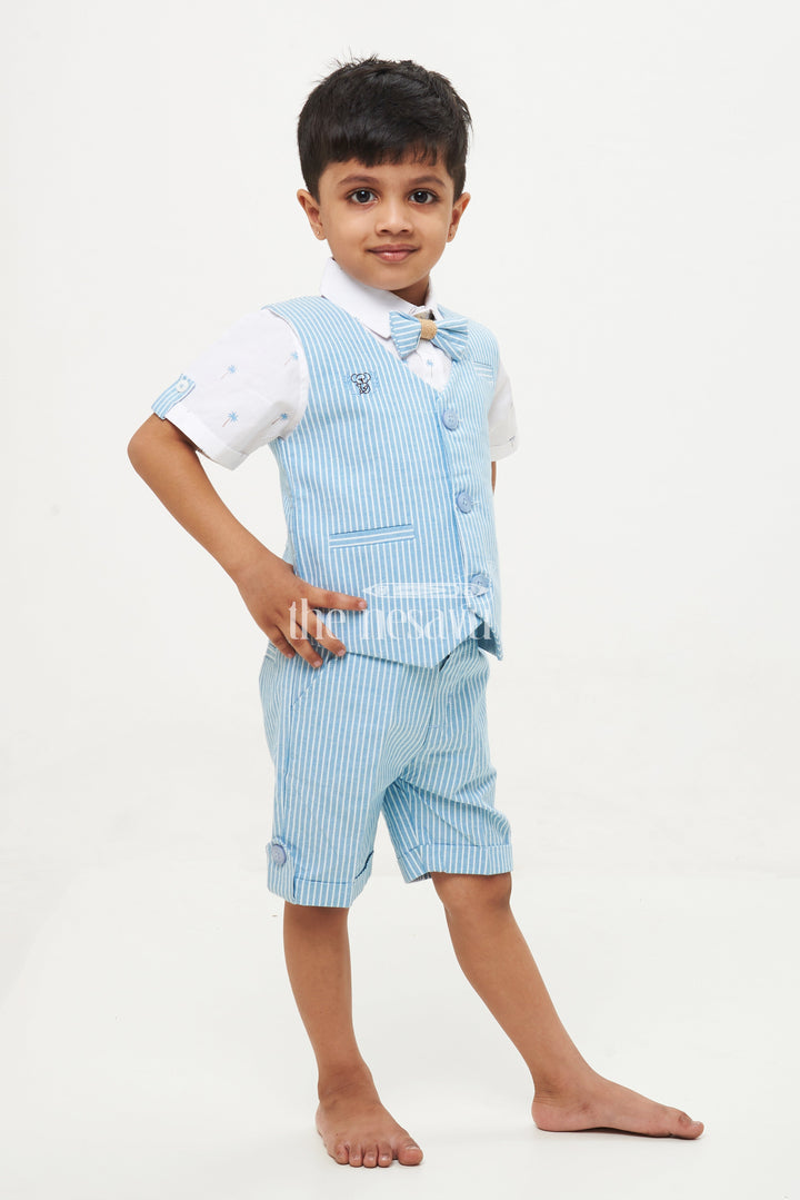 The Nesavu Boys Casual Set Boys' Grey Pinstriped Waistcoat Shorts Set Nesavu Boys' Grey Pinstriped Waistcoat Shorts Set - Palm Tree Print Shirt