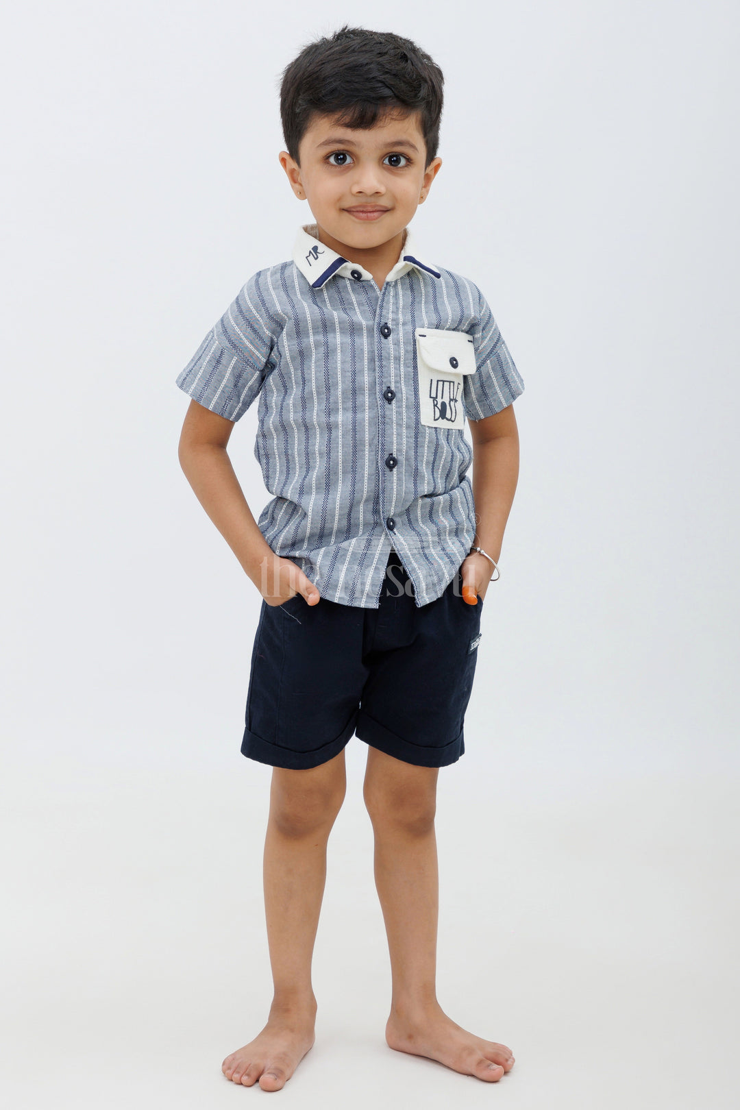 The Nesavu Boys Casual Set Boys Grey Striped Half Sleeve Shirt and Navy Shorts Set Nesavu 16 (1Y) / Gray BCS077B-16 The Nesavu Boys Grey Striped Shirt and Navy Shorts Set