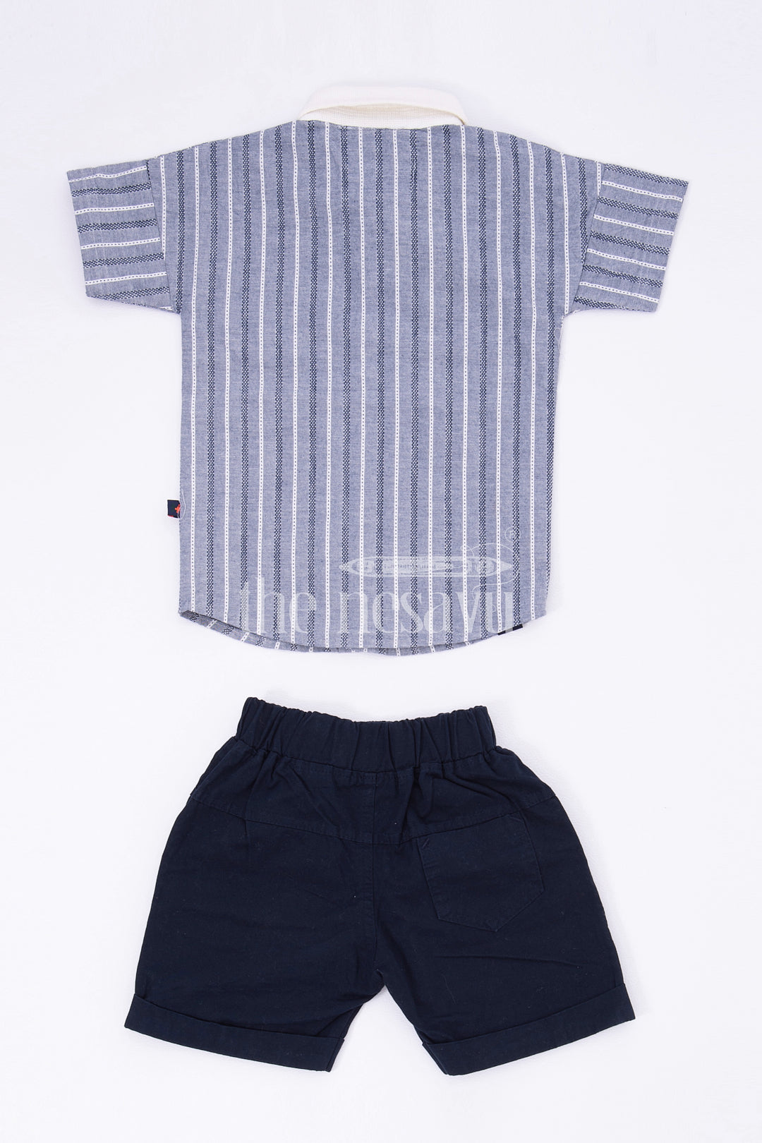 The Nesavu Boys Casual Set Boys Grey Striped Half Sleeve Shirt and Navy Shorts Set Nesavu The Nesavu Boys Grey Striped Shirt and Navy Shorts Set