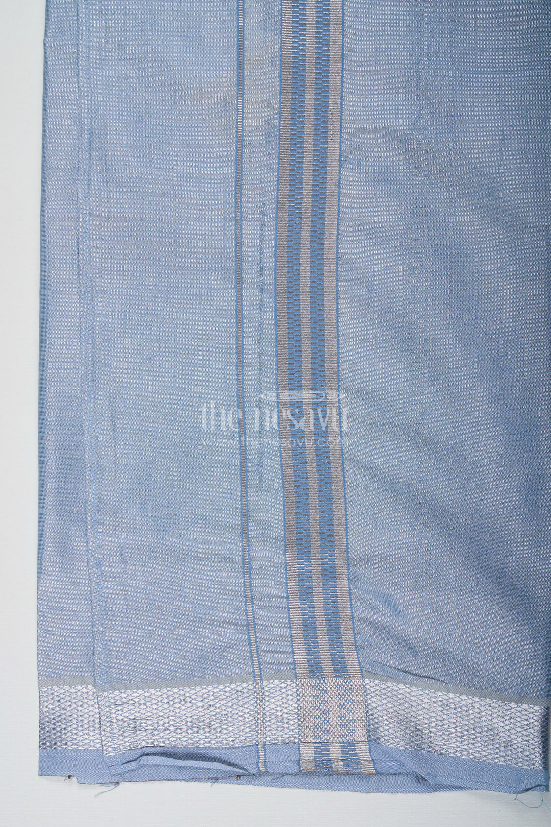 The Nesavu Boys Vesti Boys Grey Tissue Dhoti with Silver Border for a Modern Take On Ethnic Elegance in Dhoti Fashion Nesavu Boys Dhoti Fashion Grey Tissue Silver Zari Contemporary Ethnic Elegance | The Nesavu
