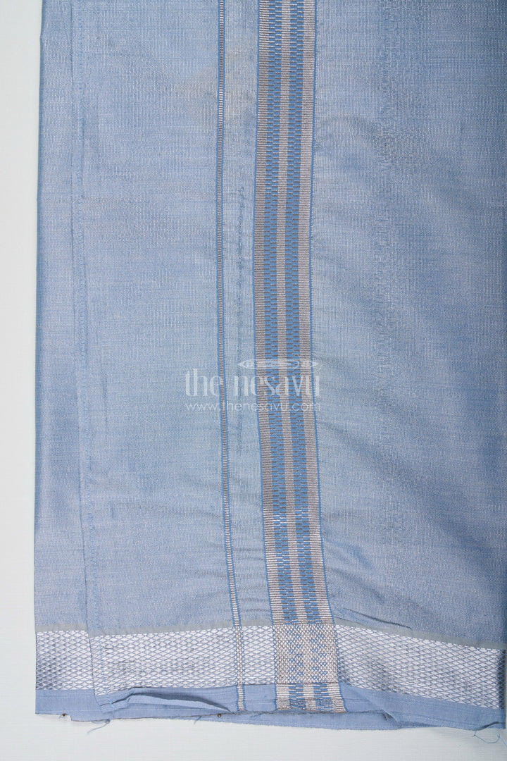 The Nesavu Boys Vesti Boys Grey Tissue Dhoti with Silver Border for a Modern Take On Ethnic Elegance in Dhoti Fashion Nesavu Boys Dhoti Fashion Grey Tissue Silver Zari Contemporary Ethnic Elegance | The Nesavu