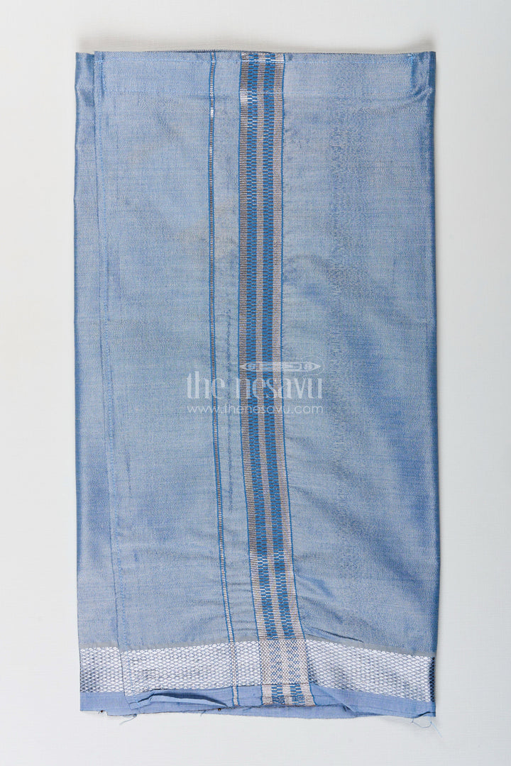 The Nesavu Boys Vesti Boys Grey Tissue Dhoti with Silver Border for a Modern Take On Ethnic Elegance in Dhoti Fashion Nesavu Boys Dhoti Fashion Grey Tissue Silver Zari Contemporary Ethnic Elegance | The Nesavu