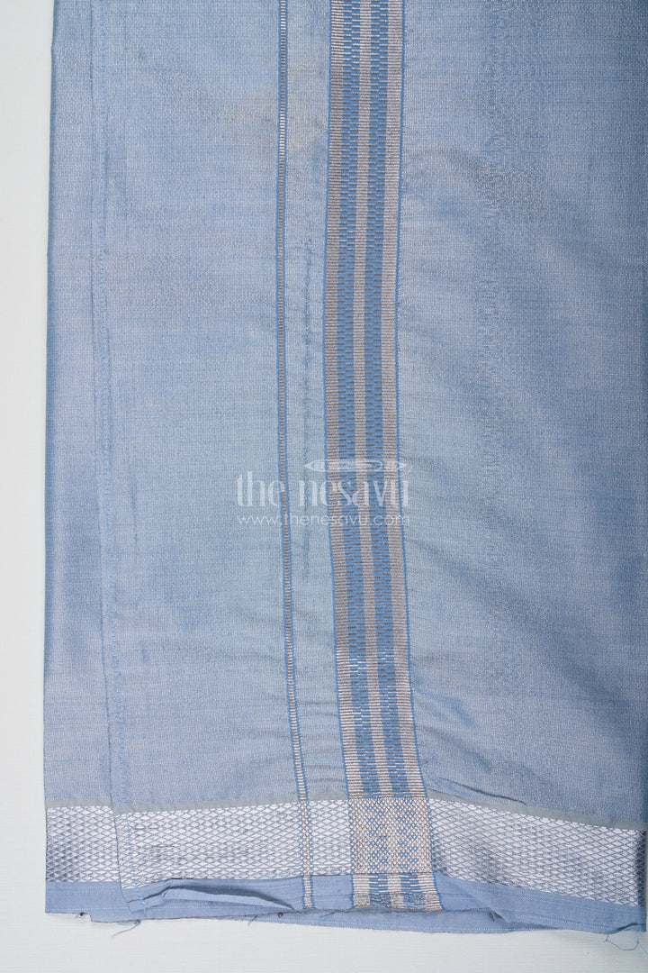 The Nesavu Boys Vesti Boys Grey Tissue Dhoti with Silver Border for a Modern Take On Ethnic Elegance in Dhoti Fashion Nesavu Boys Dhoti Fashion Grey Tissue Silver Zari Contemporary Ethnic Elegance | The Nesavu
