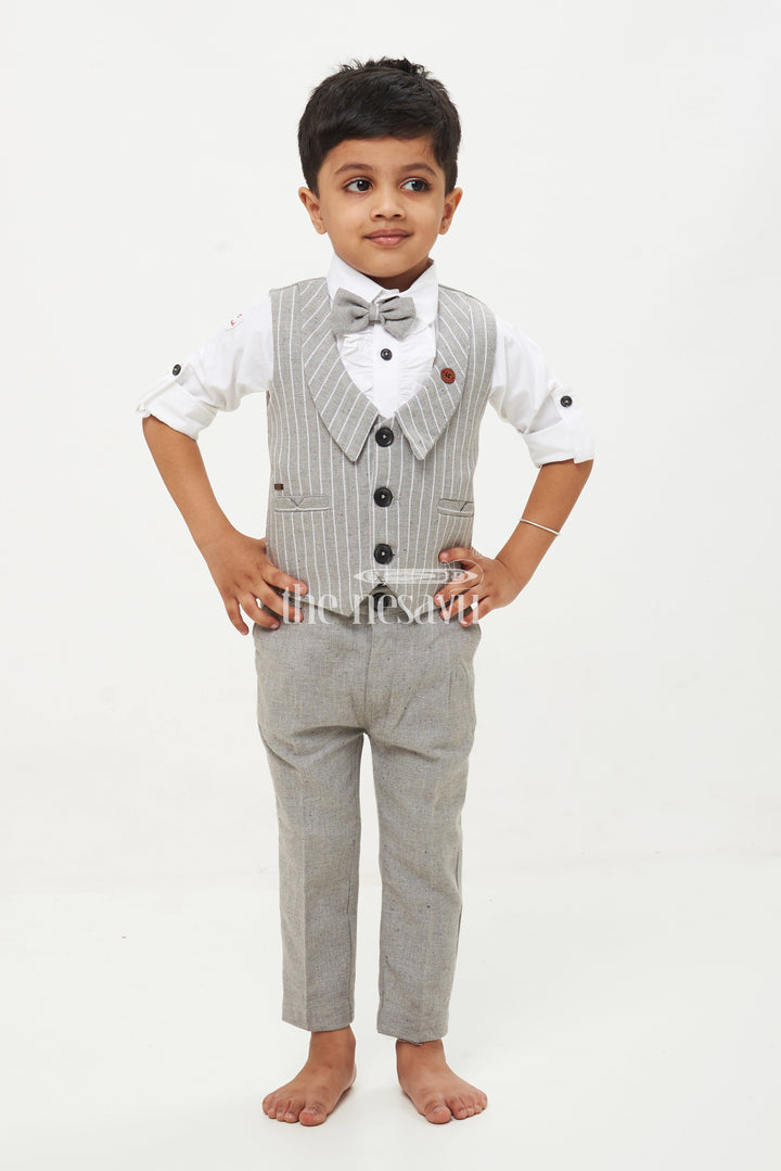 The Nesavu Boys Casual Set Boys Grey Waistcoat Co Ord Set with Striped Design Nesavu 16 (1Y) / Gray BCS065B-16 Boys Grey Waistcoat Co Ord Set with Striped Design - Stylish Outfit for Special Events