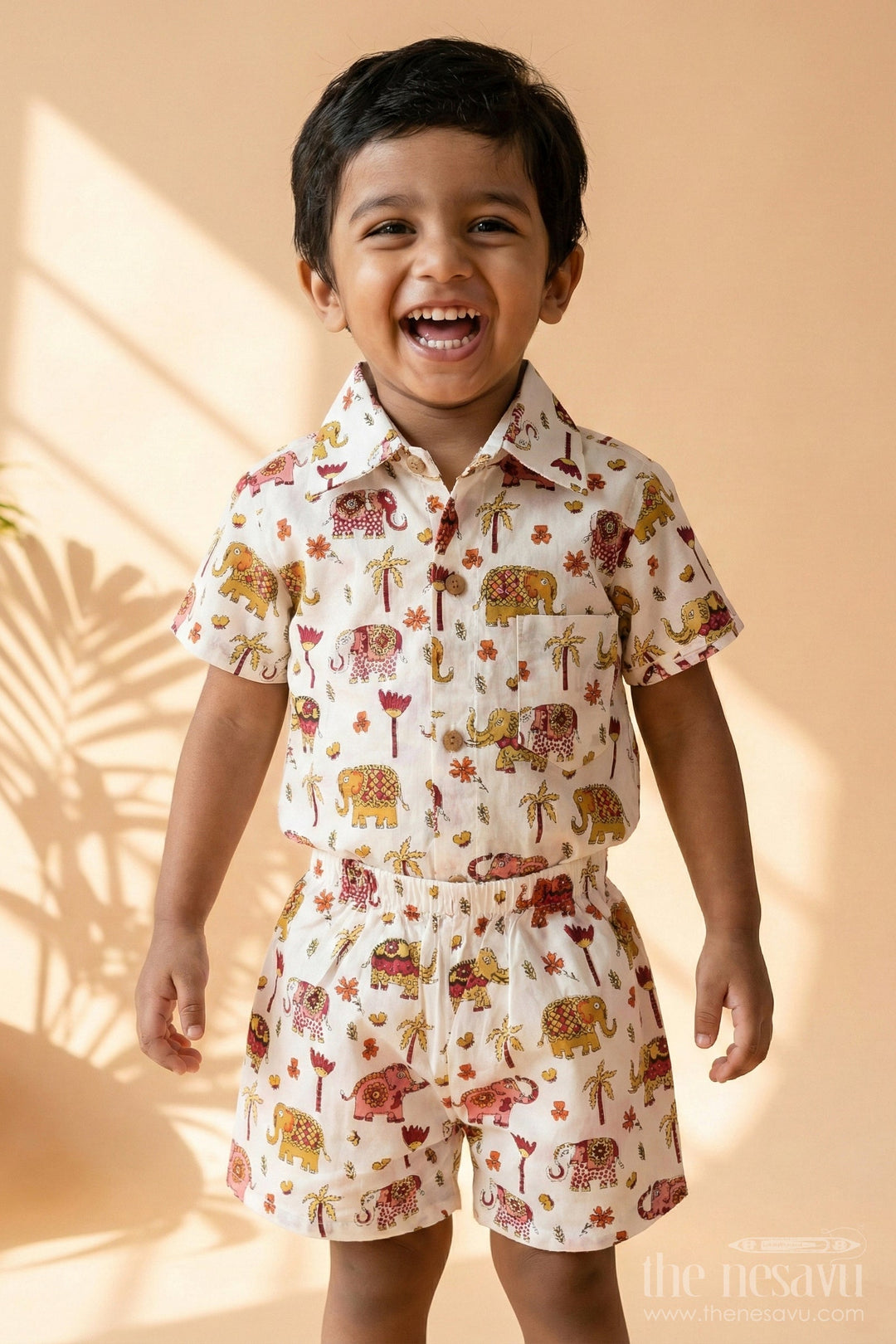 The Nesavu Boys Casual Set Boys Guys Casual Outfits in Cotton with Elephant Digital Print and Short Sleeve Shirt Nesavu 16 (1Y) / Multicolor BCS263B-16 Nesavu Boys Guys Casual Outfits Cotton Set Elephant Digital Print Shirt Shorts