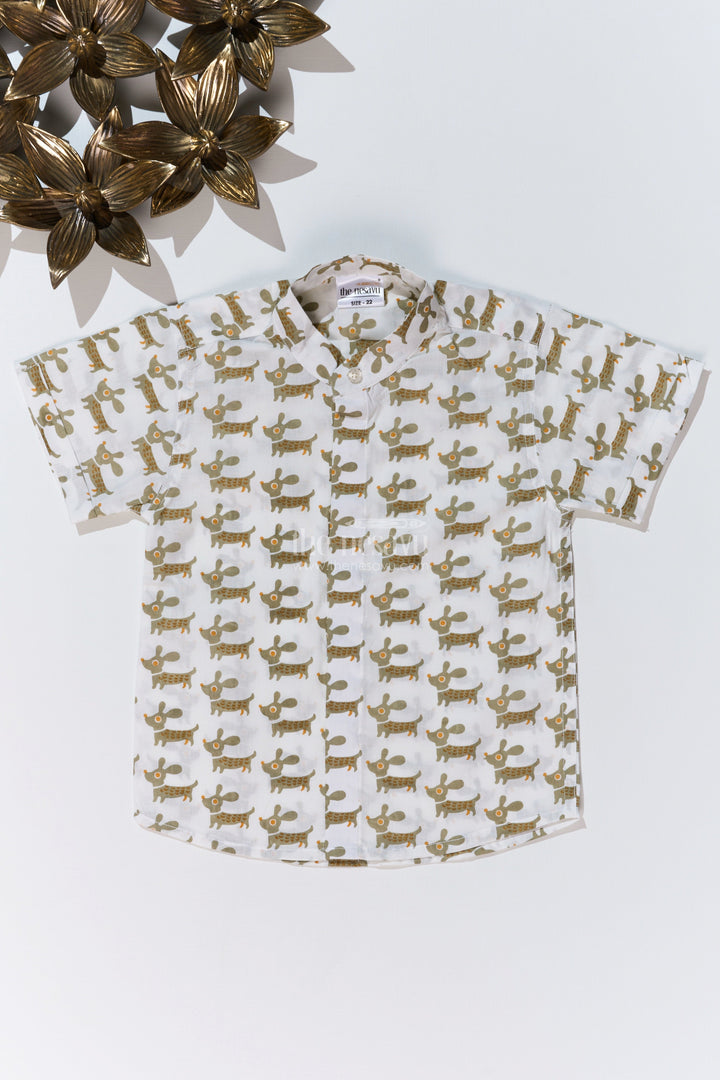 The Nesavu Boys Cotton Shirt Boys Half Hand Printed Shirt in Cotton Block Print with Playful Dog Motif Nesavu 16 (1Y) / Gray BS245C-16 Boys Half Hand Printed Shirt Cotton Block Print Dog Pattern | The Nesavu