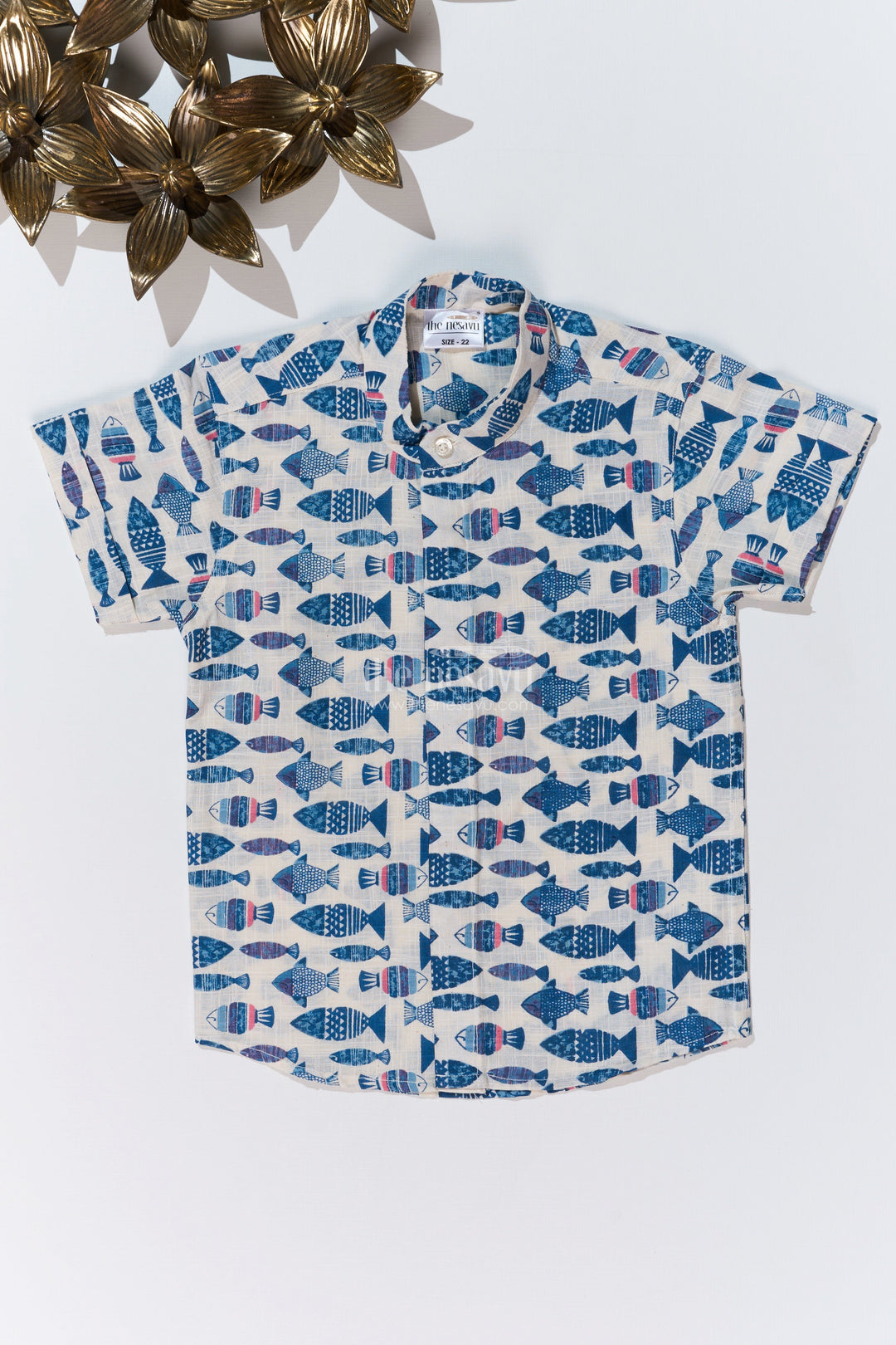 The Nesavu Boys Cotton Shirt Boys Half Hand Printed Shirt in Pure Cotton with Nautical Fish Motifs for a Trendy Look Nesavu 16 (1Y) / Blue BS250D-16 Boys Half Hand Printed Cotton Shirt Nautical Fish Motifs Casual Style | The Nesavu