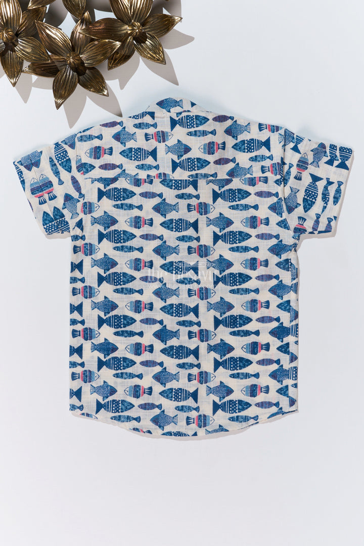 The Nesavu Boys Cotton Shirt Boys Half Hand Printed Shirt in Pure Cotton with Nautical Fish Motifs for a Trendy Look Nesavu Boys Half Hand Printed Cotton Shirt Nautical Fish Motifs Casual Style | The Nesavu