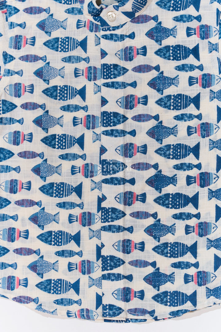 The Nesavu Boys Cotton Shirt Boys Half Hand Printed Shirt in Pure Cotton with Nautical Fish Motifs for a Trendy Look Nesavu Boys Half Hand Printed Cotton Shirt Nautical Fish Motifs Casual Style | The Nesavu