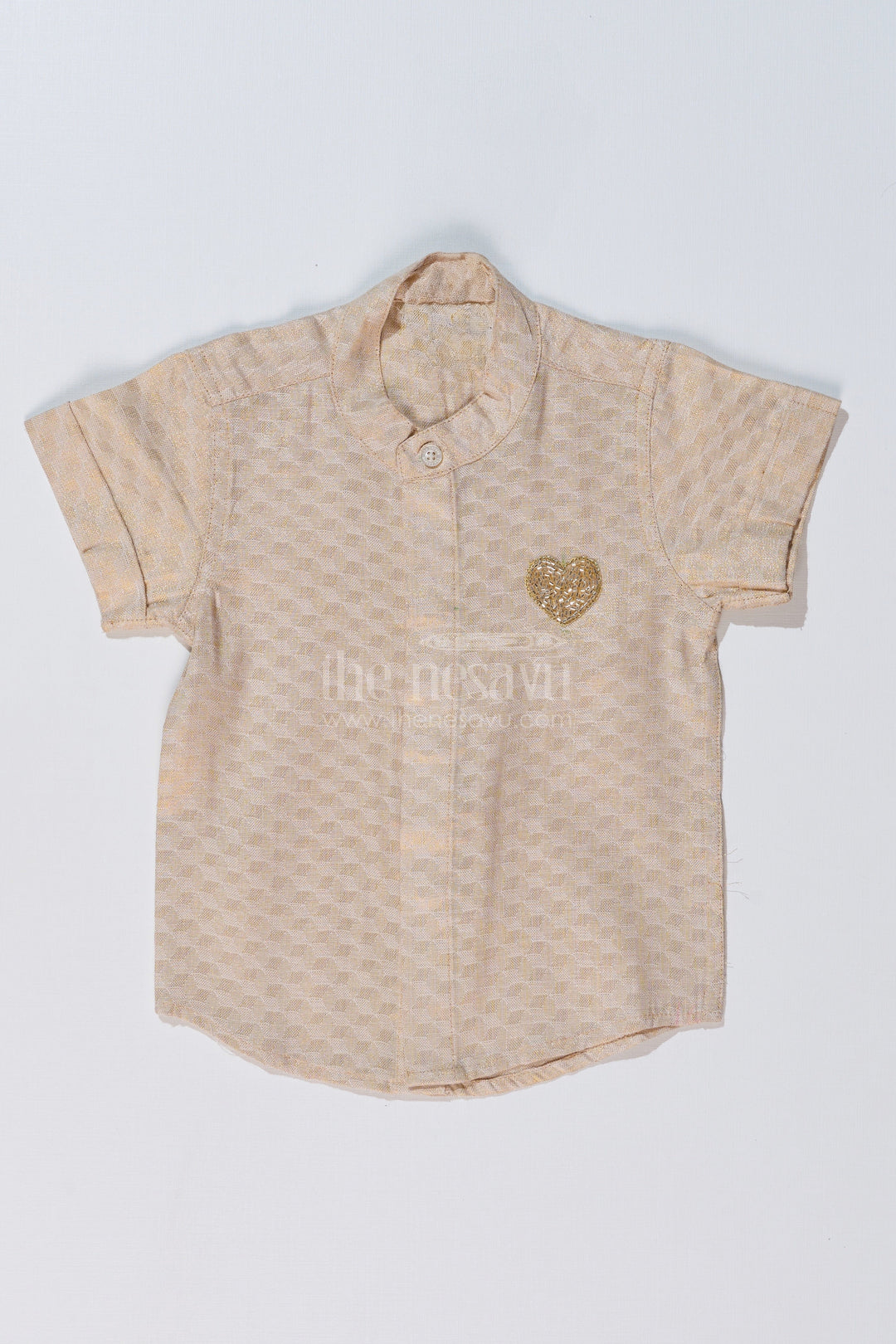 The Nesavu Boys Silk Shirt Boys Half Shirt Cotton with Embroidered Heart Motif and Mandarin Collar Nesavu 16 (1Y) / Silver BS223B-16 Boys Half Shirt Cotton Heart Embroidery Mandarin Collar | The Nesavu