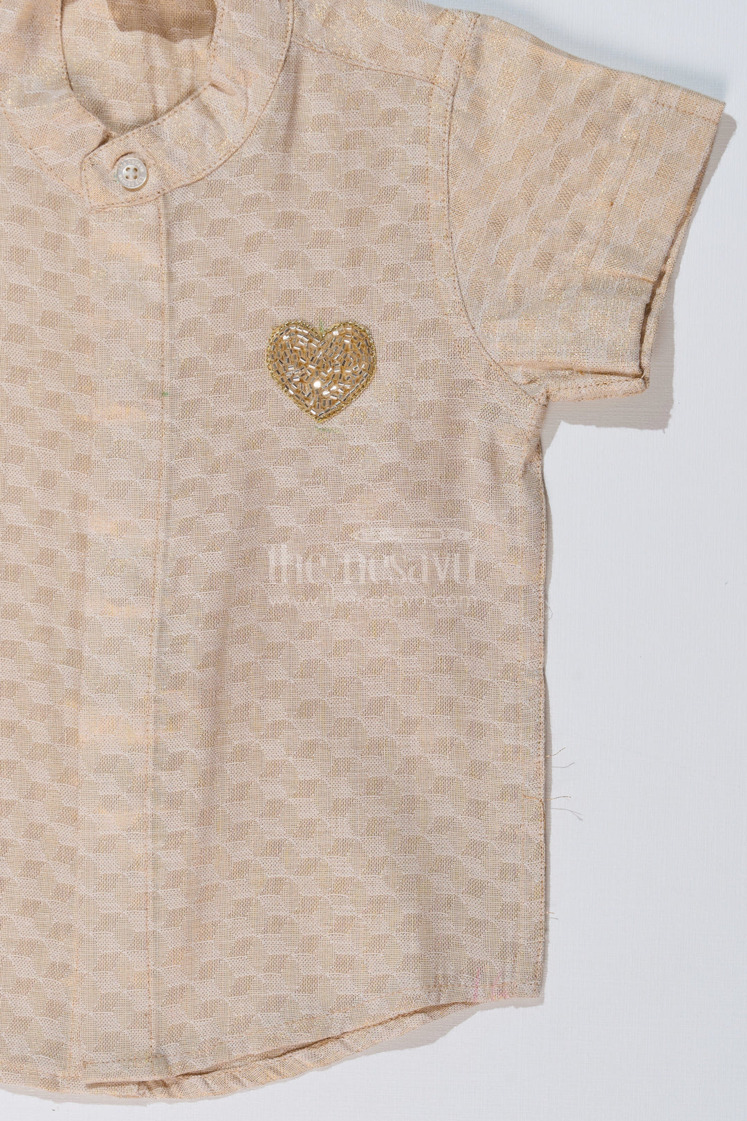 The Nesavu Boys Silk Shirt Boys Half Shirt Cotton with Embroidered Heart Motif and Mandarin Collar Nesavu Boys Half Shirt Cotton Heart Embroidery Mandarin Collar | The Nesavu