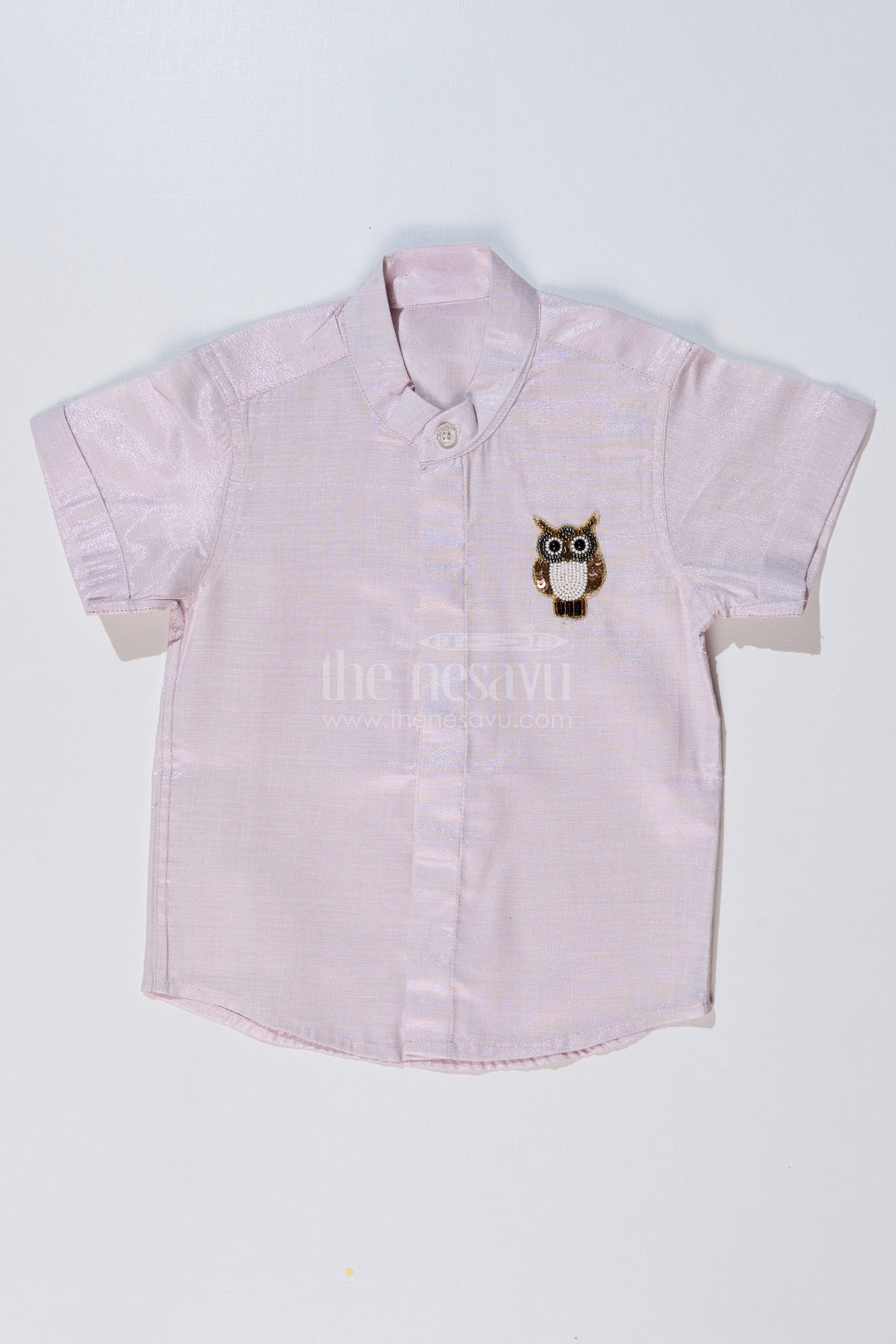 The Nesavu Boys Silk Shirt Boys Half Shirt White with Embroidered Owl Motif and Mandarin Collar Nesavu 16 (1Y) / Silver BS222AA-16 Boys Half Shirt White Owl Embroidery Mandarin Collar Ethnic Wear | The Nesavu