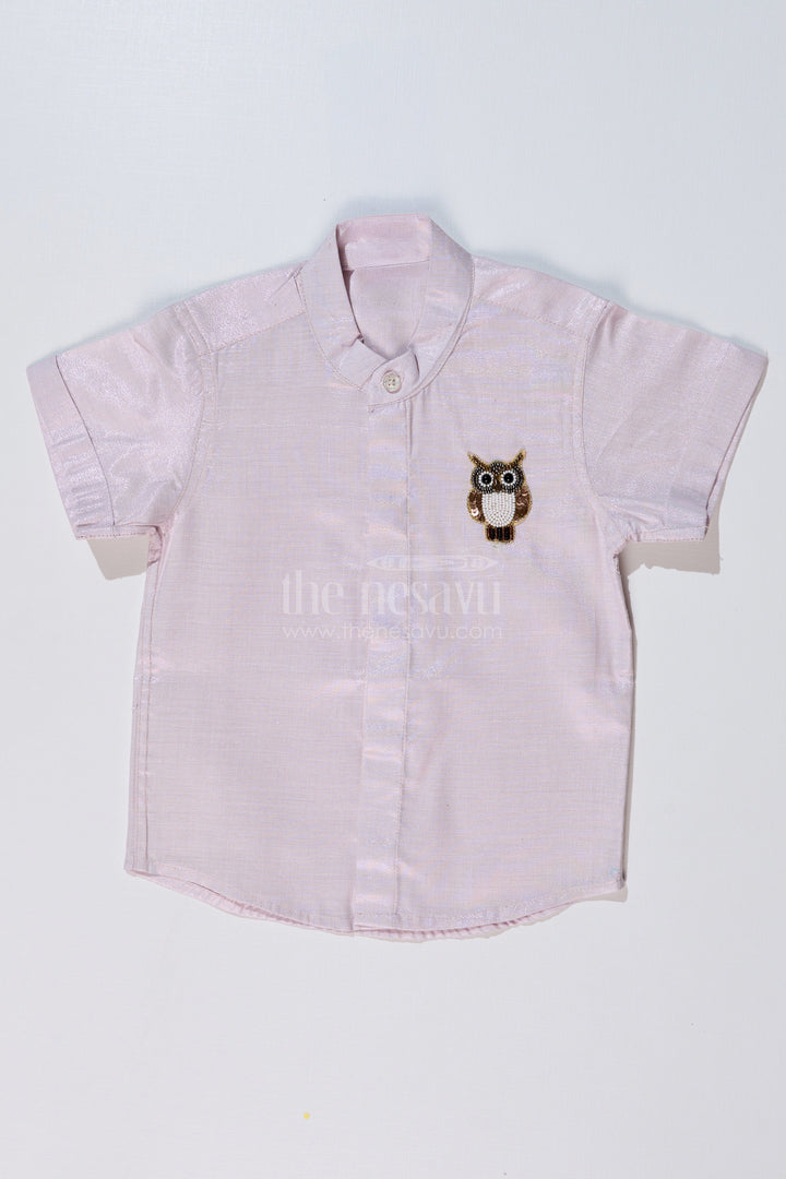 The Nesavu Boys Silk Shirt Boys Half Shirt White with Embroidered Owl Motif and Mandarin Collar Nesavu 16 (1Y) / Silver BS222AA-16 Boys Half Shirt White Owl Embroidery Mandarin Collar Ethnic Wear | The Nesavu