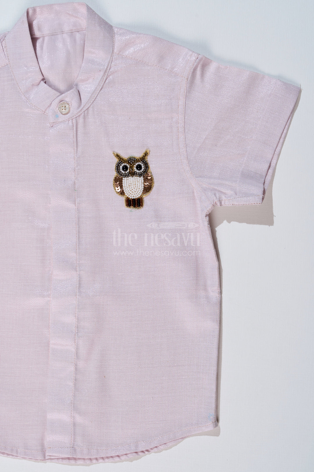 The Nesavu Boys Silk Shirt Boys Half Shirt White with Embroidered Owl Motif and Mandarin Collar Nesavu Boys Half Shirt White Owl Embroidery Mandarin Collar Ethnic Wear | The Nesavu