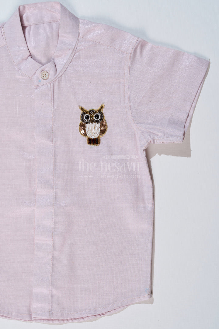 The Nesavu Boys Silk Shirt Boys Half Shirt White with Embroidered Owl Motif and Mandarin Collar Nesavu Boys Half Shirt White Owl Embroidery Mandarin Collar Ethnic Wear | The Nesavu