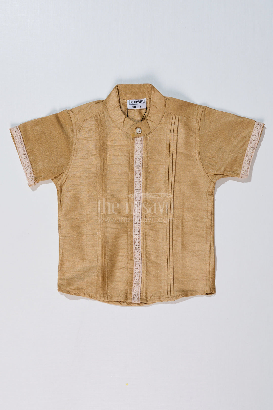 The Nesavu Boys Silk Shirt Boys Half Shirt with Elegant Pleats and Lace Detailing for Traditional and Festive Wear Nesavu 16 (1Y) / Beige BS226B-16 Boys Half Shirt Elegant Pleats Lace Detailing Traditional Wear | The Nesavu