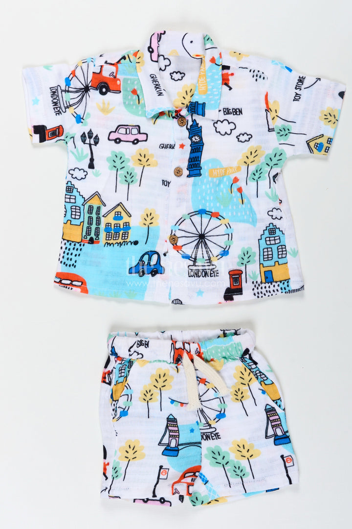 The Nesavu Boys Casual Set Boys Half Sleeve Casual Shirts with Muslin Fabric and Colorful Travel Inspired Print for Everyday Style Nesavu 14 (6M) / White BCS236A-14 Boys Half Sleeve Casual Shirts with London Inspired Muslin Print and Matching Shorts | The Nesavu