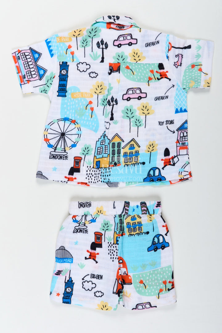 The Nesavu Boys Casual Set Boys Half Sleeve Casual Shirts with Muslin Fabric and Colorful Travel Inspired Print for Everyday Style Nesavu Boys Half Sleeve Casual Shirts with London Inspired Muslin Print and Matching Shorts | The Nesavu