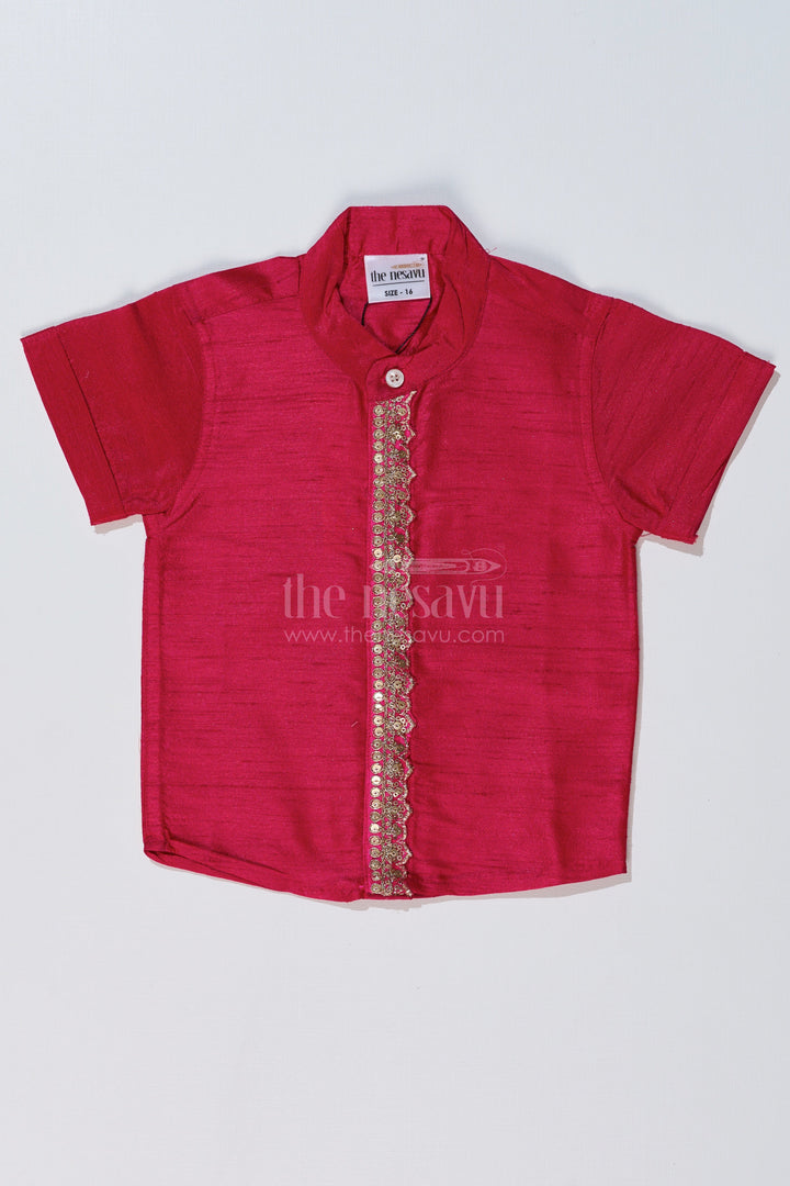 The Nesavu Boys Silk Shirt Boys Half Sleeve Collar Shirt in Silk Blend with Decorative Embroidery for Ethnic Wear Nesavu 16 (1Y) / Magenta BS237B-16 Boys Half Sleeve Silk Shirt Collar Embroidered Panel Traditional Wear | The Nesavu