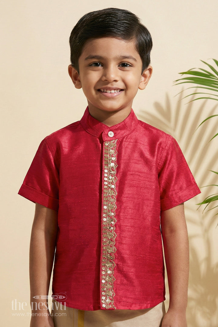 The Nesavu Boys Silk Shirt Boys Half Sleeve Collar Shirt in Silk Blend with Decorative Embroidery for Ethnic Wear Nesavu 16 (1Y) / Magenta BS237B-16 Boys Half Sleeve Silk Shirt Collar Embroidered Panel Traditional Wear | The Nesavu