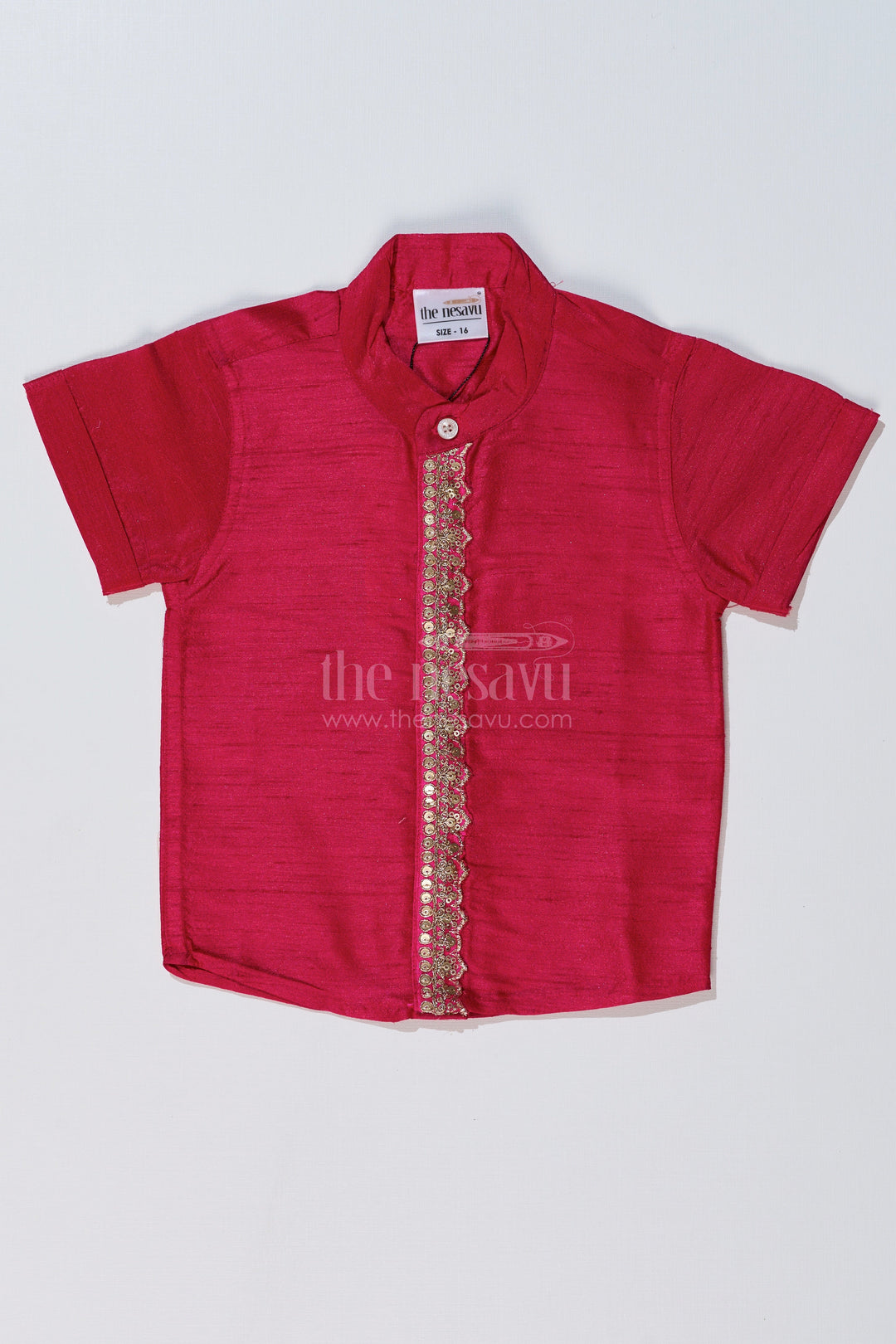 The Nesavu Boys Silk Shirt Boys Half Sleeve Collar Shirt in Silk Blend with Decorative Embroidery for Ethnic Wear Nesavu 16 (1Y) / Magenta BS237B-16 Nesavu Boys Half Sleeve Silk Shirt Collar Embroidered Panel Traditional Wear