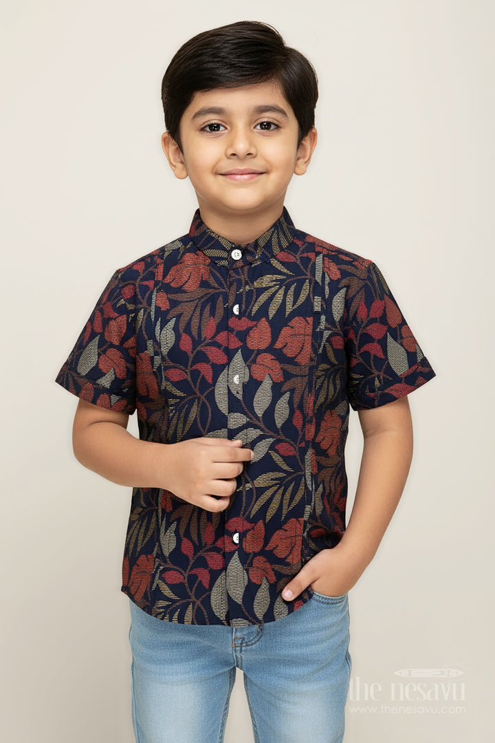 The Nesavu Boys Cotton Shirt Boys Half Sleeve Shirt for Cultural Events with Earthy Leaf Print in Soft Modal Silk Fabric Nesavu 16 (1Y) / Black BS260A-16 Nesavu Boys Half Sleeve Modal Silk Shirt Leaf Print Cultural Functions Festive Comfort