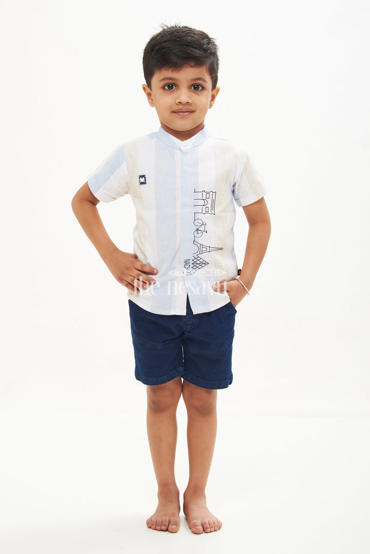 The Nesavu Boys Casual Set Boys' Half Sleeve Striped Shirt & Shorts Set - Blue/Chiku Nesavu 16 (1Y) / Blue BCS080B-16 Boys' Half Sleeve Striped Shirt & Shorts Set - Blue/Chiku - Sizes 1Y-5Y